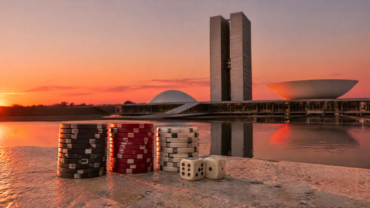 Fichas de cassino e dois dados sobre uma mureta de pedra, com o Congresso Nacional ao fundo, em Brasília