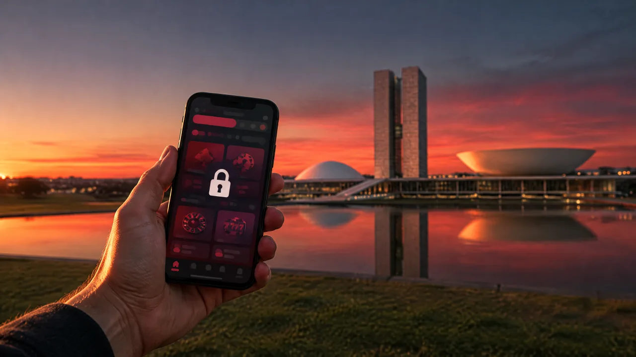Mão segurando um celular com um aplicativo de cassino bloqueado por um cadeado, diante do Congresso Nacional, em Brasília, ao entardecer