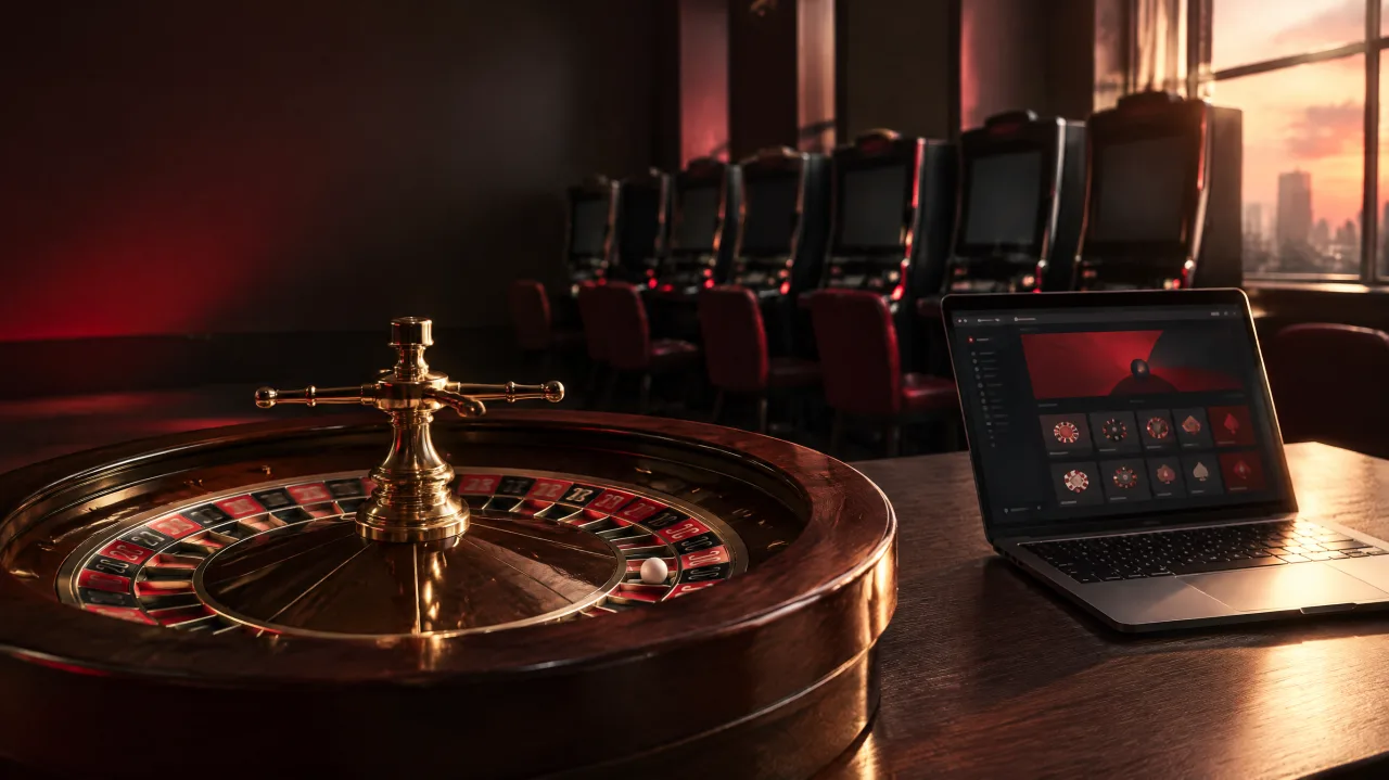 Roleta de madeira ao lado de um notebook com um lobby de cassino online, em uma sala vazia