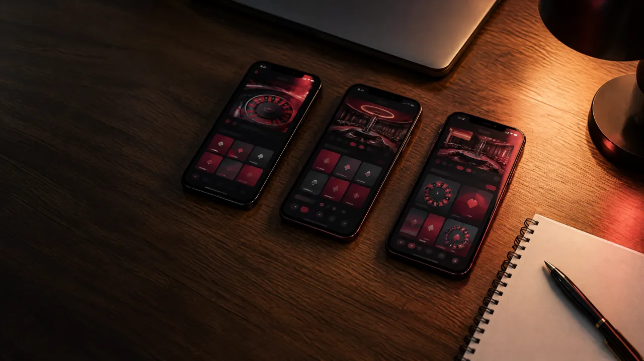 Três celulares lado a lado mostrando lobbies de cassino diferentes, com um bloco de notas e uma caneta sobre uma mesa de madeira